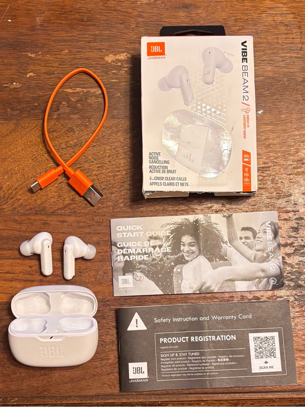 JBL VIBE BEAM 2 True Wireless Earbuds in White with Orange USB-C Cable